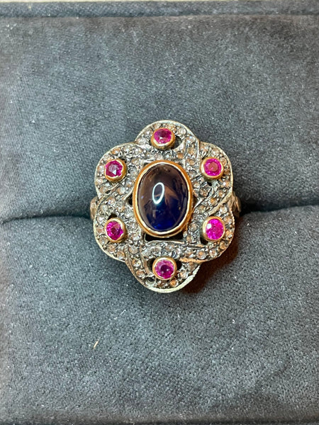 Cabochon Sapphire, Ruby and Diamond Ring