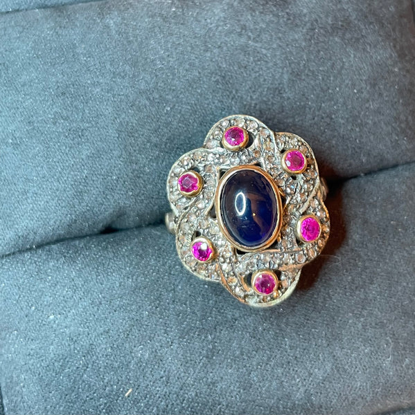 Cabochon Sapphire, Ruby and Diamond Ring