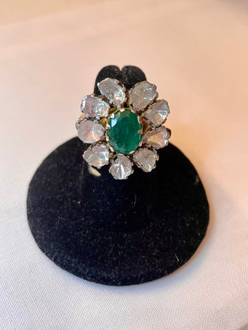 Emerald and Rose Cut Diamond Flower Ring